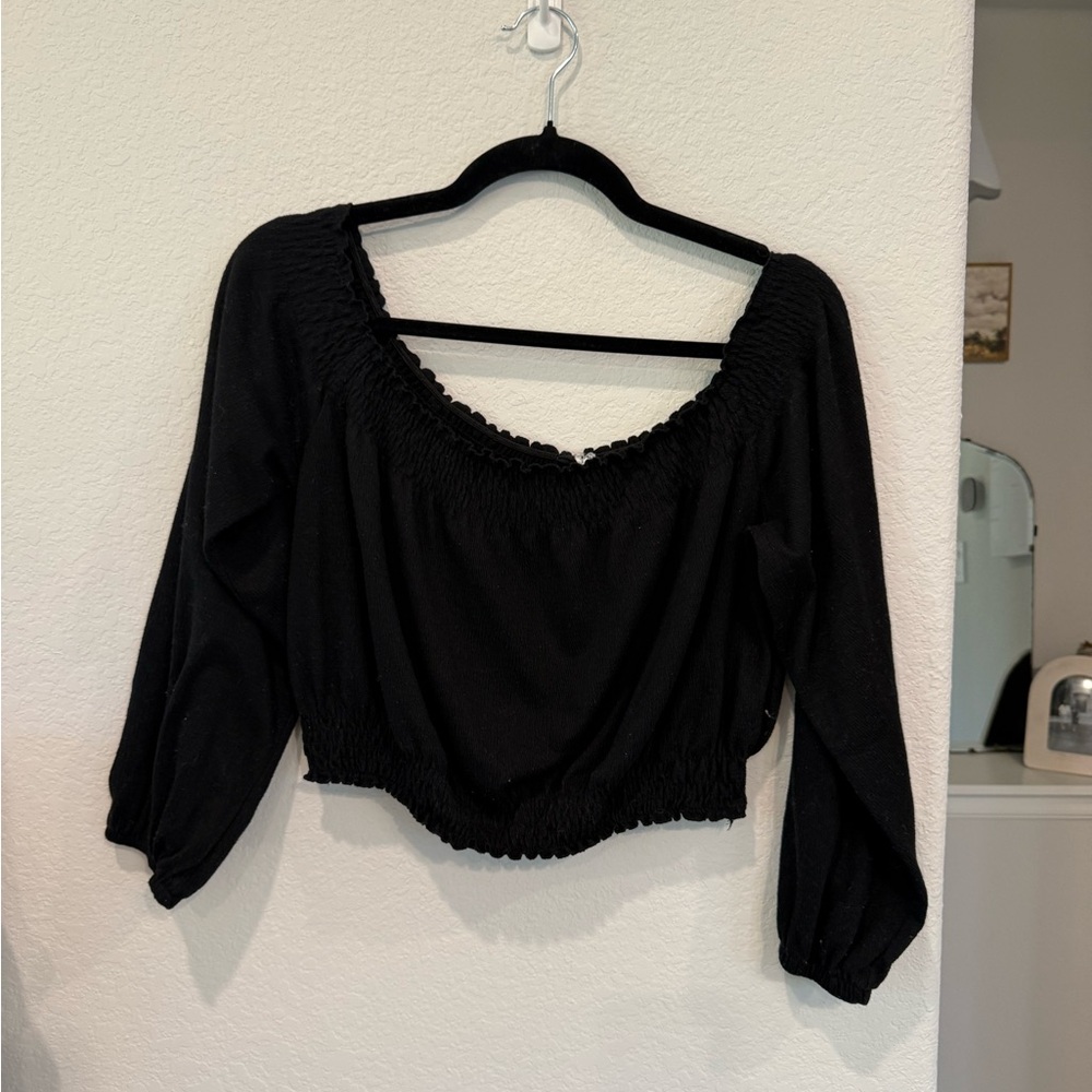 Black Smocked Off-Shoulder Womens Top
